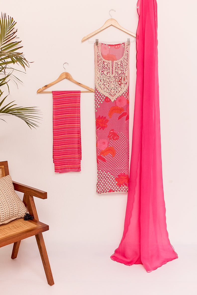 All Over Digital Print Thread Embroidery Unstiched Suit Set