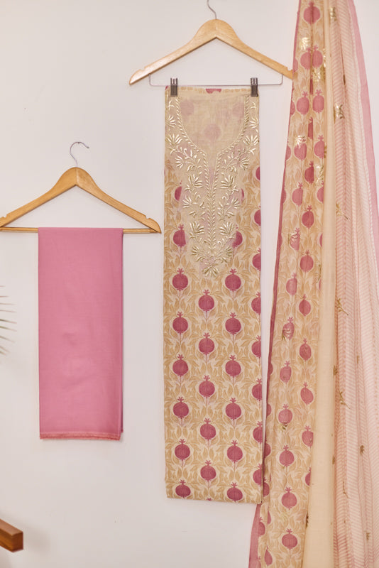 Block Print Foil Embroidery Unstitched Suit Set