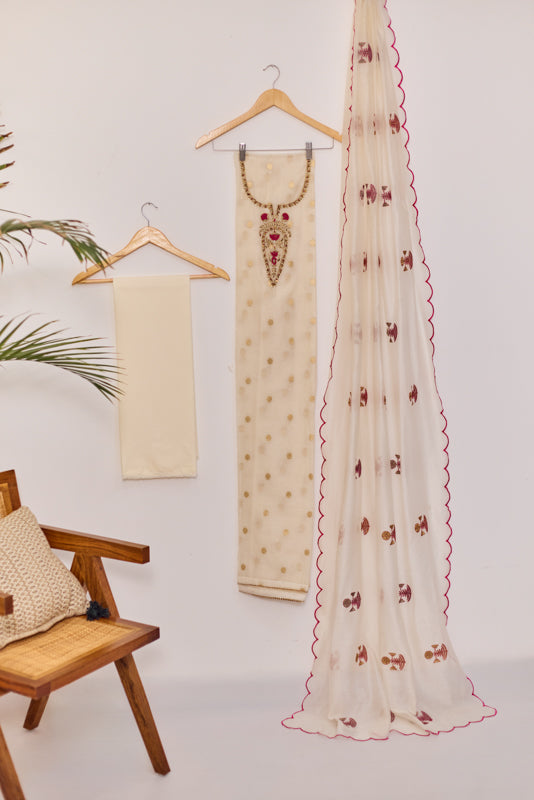 Zari And Dabka Embroidered Yoke Unstitched Suit Set