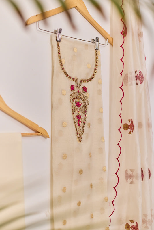 Zari And Dabka Embroidered Yoke Unstitched Suit Set