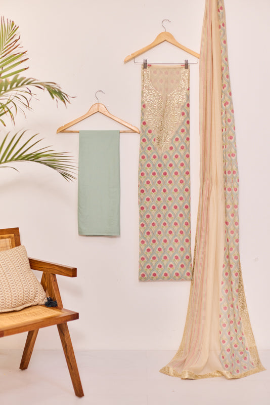 Block Print Foil Embroidery Unstitched Suit Set