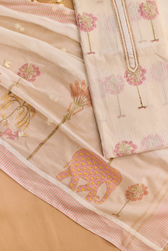 All Over Block Print Mul Chanderi Unstitched Suit Set