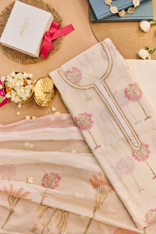All Over Block Print Mul Chanderi Unstitched Suit Set