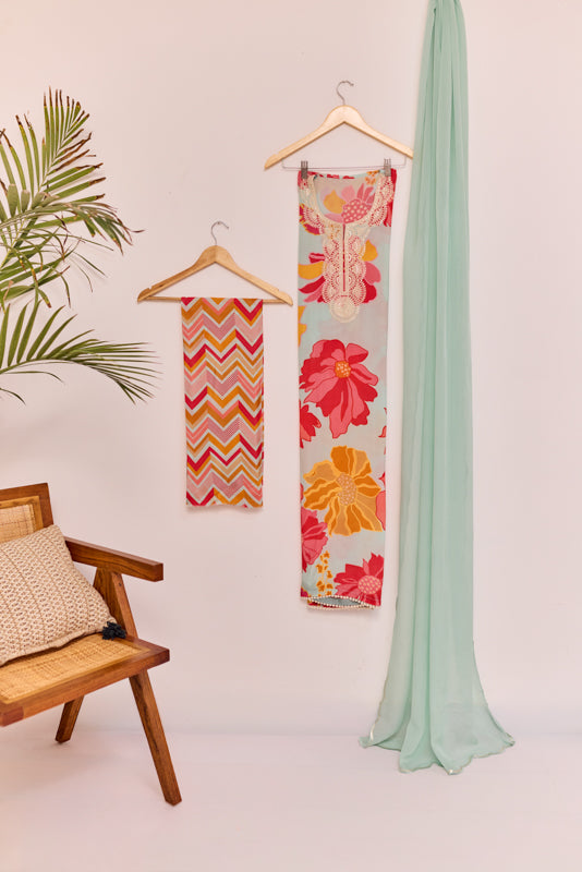 All Over Digital Print Thread Embroidery Unstiched Suit Set