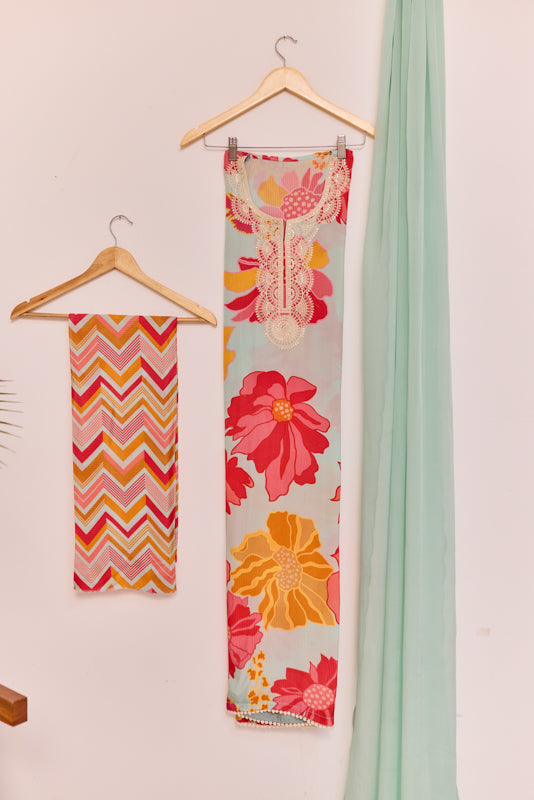 All Over Digital Print Thread Embroidery Unstiched Suit Set