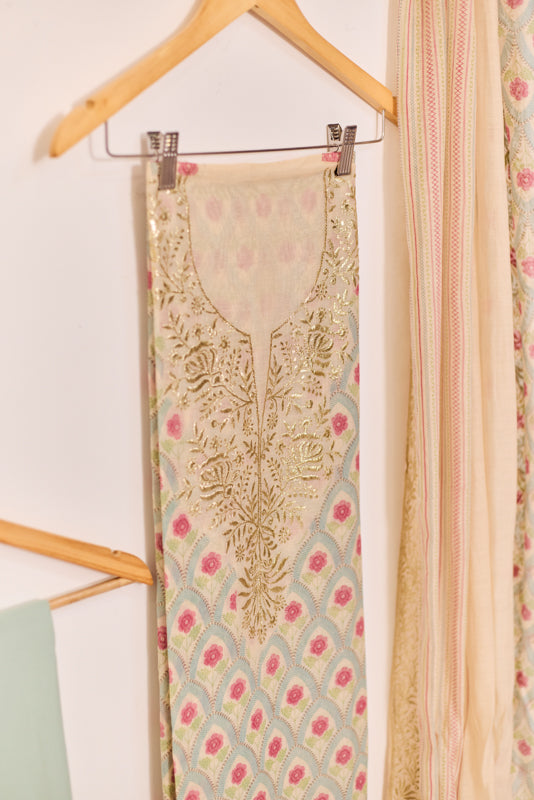 Block Print Foil Embroidery Unstitched Suit Set