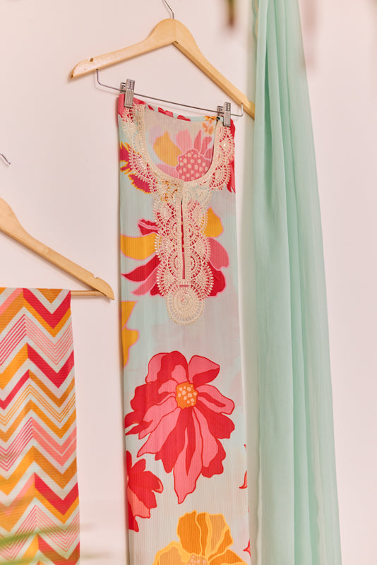 All Over Digital Print Thread Embroidery Unstiched Suit Set