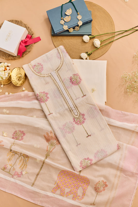 All Over Block Print Mul Chanderi Unstitched Suit Set