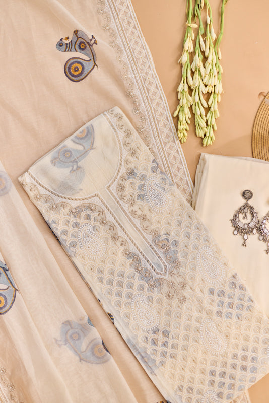 All Over Block Print Lucknowi Embroidery Unstitched Suit Set