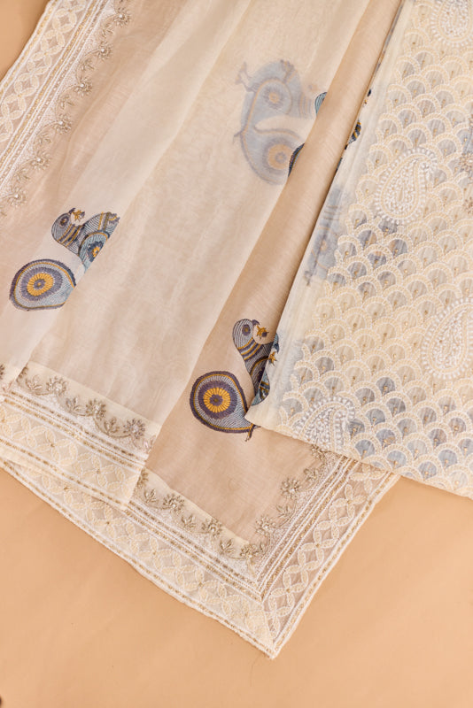 All Over Block Print Lucknowi Embroidery Unstitched Suit Set