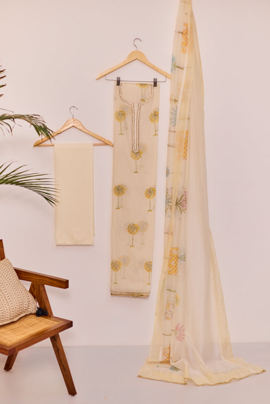 All Over Block Print Mul Chanderi Unstitched Suit Set