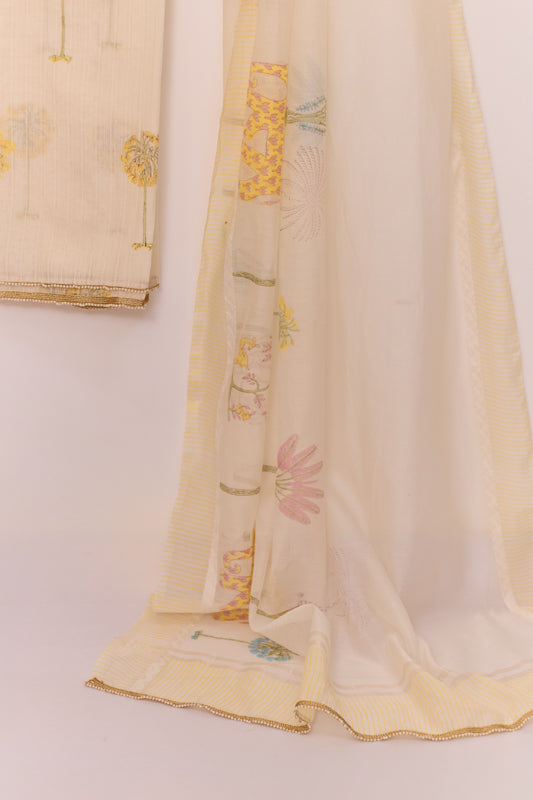 All Over Block Print Mul Chanderi Unstitched Suit Set