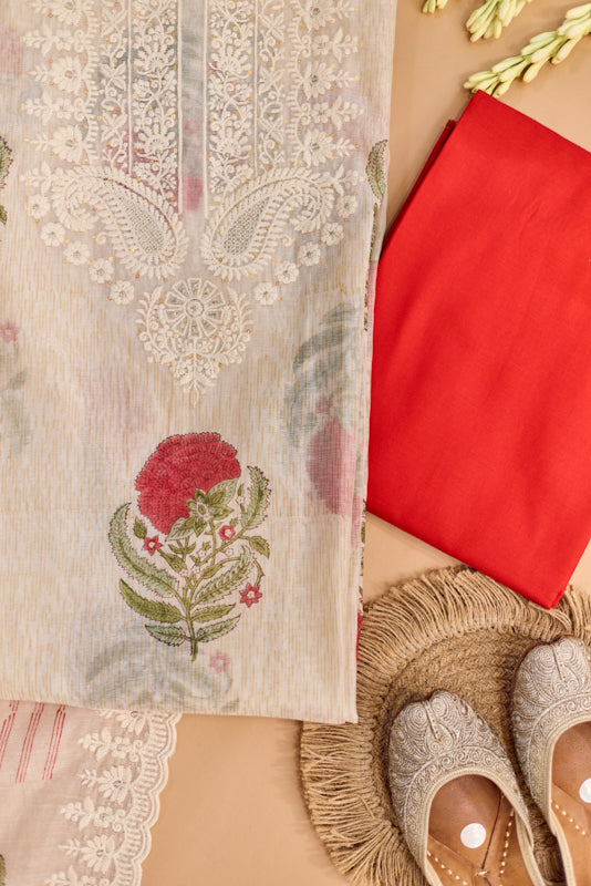 Block Print Thread and Zari Embroidered Unstitched Suit Set