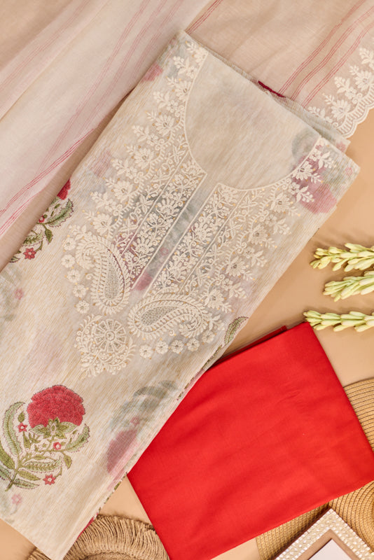 Block Print Thread and Zari Embroidered Unstitched Suit Set