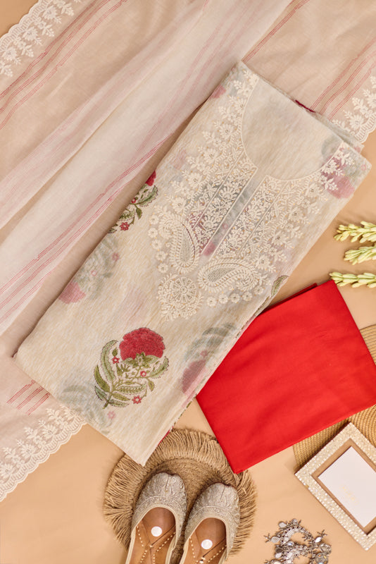 Block Print Thread and Zari Embroidered Unstitched Suit Set