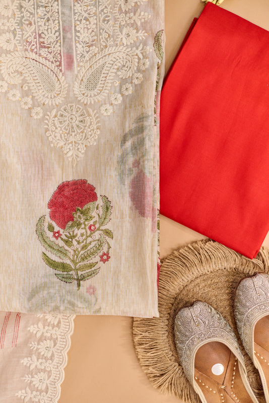Block Print Thread and Zari Embroidered Unstitched Suit Set