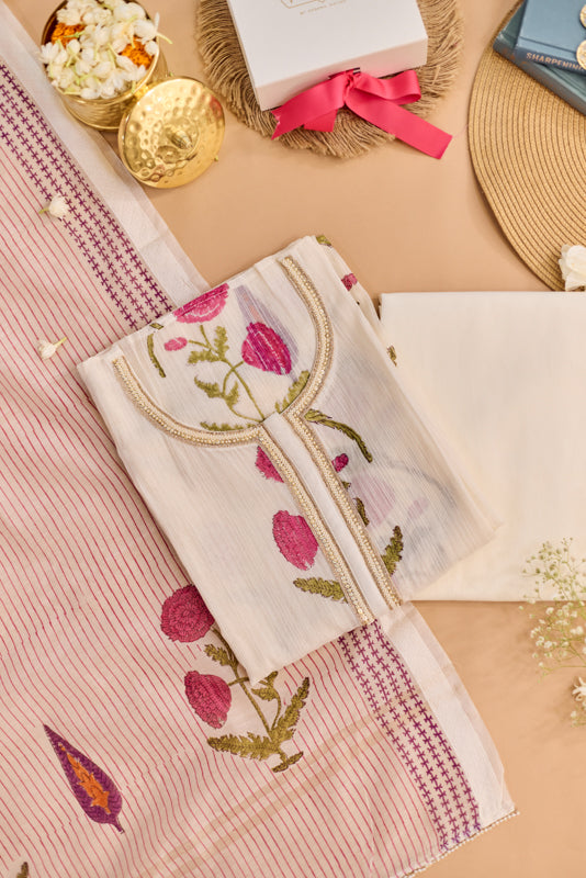 All Over Block Print Mul Chanderi Unstitched Suit Set