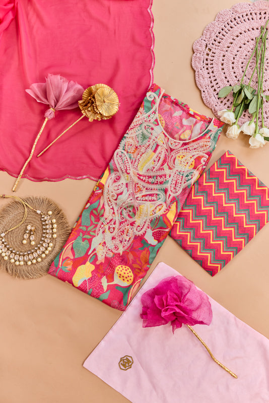 All Over Digital Print Thread Embroidery Unstiched Suit Set