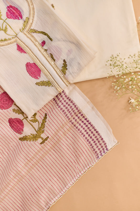 All Over Block Print Mul Chanderi Unstitched Suit Set