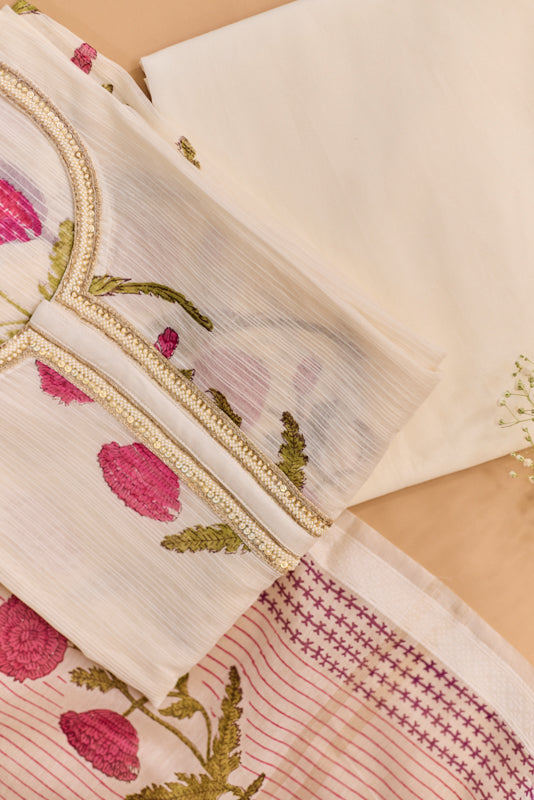 All Over Block Print Mul Chanderi Unstitched Suit Set