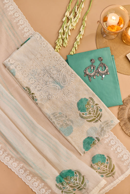 Block Print Thread and Zari Embroidered Unstitched Suit Set
