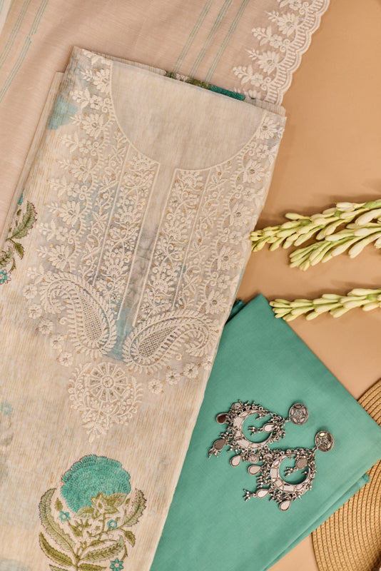 Block Print Thread and Zari Embroidered Unstitched Suit Set