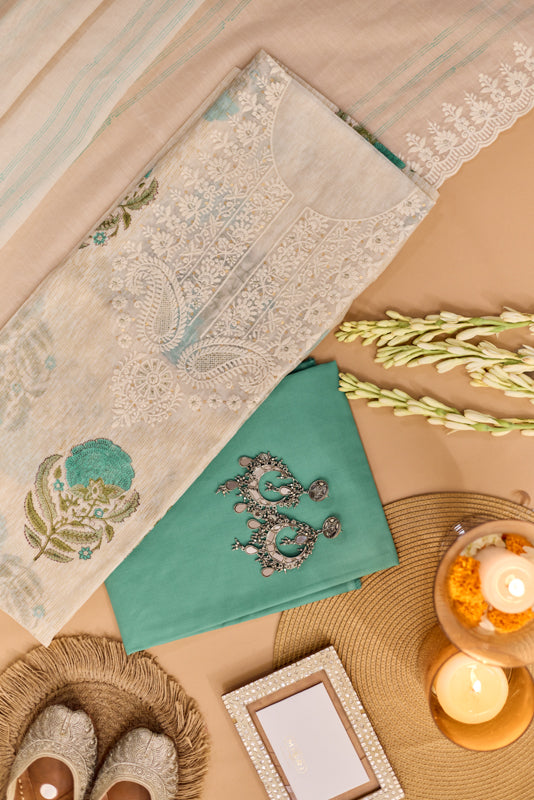 Block Print Thread and Zari Embroidered Unstitched Suit Set