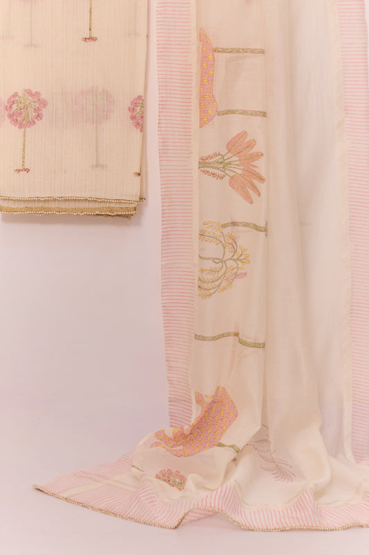 All Over Block Print Mul Chanderi Unstitched Suit Set