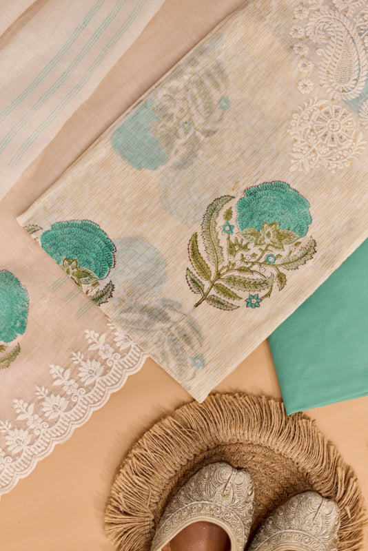 Block Print Thread and Zari Embroidered Unstitched Suit Set