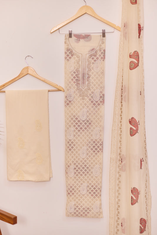 All Over Block Print Lucknowi Embroidery Unstitched Suit Set