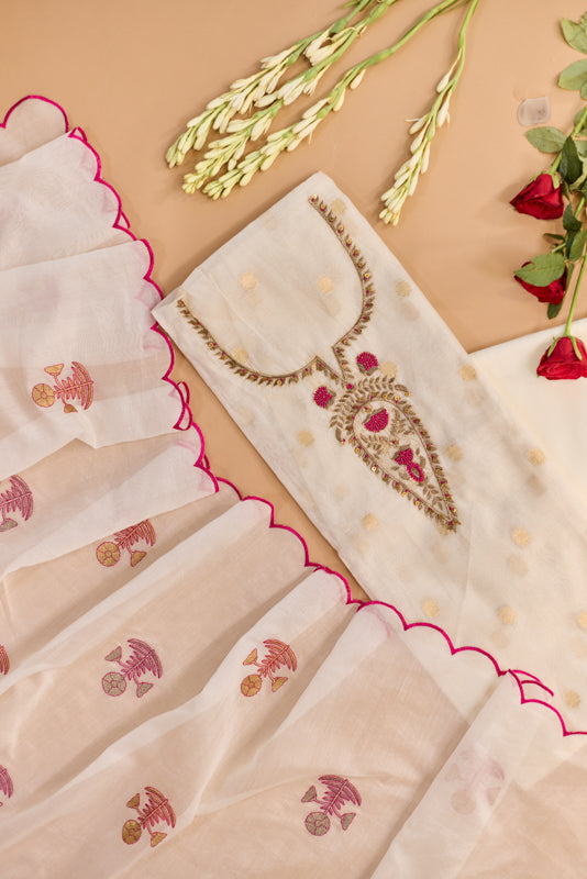 Zari And Dabka Embroidered Yoke Unstitched Suit Set