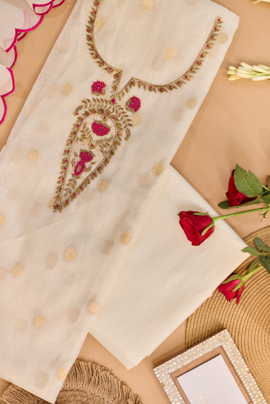 Zari And Dabka Embroidered Yoke Unstitched Suit Set
