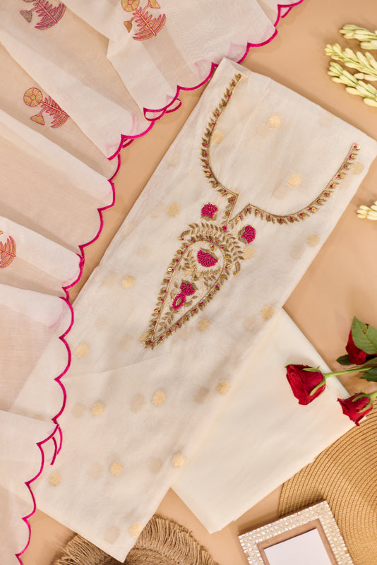 Zari And Dabka Embroidered Yoke Unstitched Suit Set