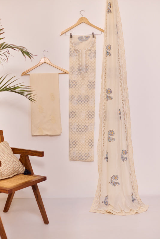 All Over Block Print Lucknowi Embroidery Unstitched Suit Set