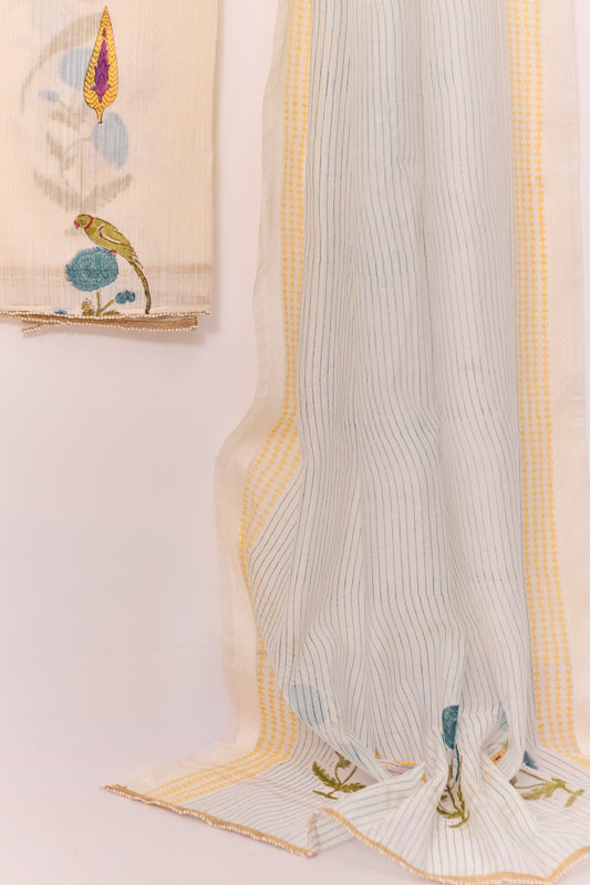 All Over Block Print Mul Chanderi Unstitched Suit Set
