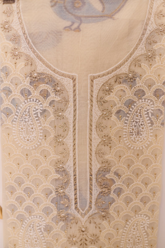 All Over Block Print Lucknowi Embroidery Unstitched Suit Set