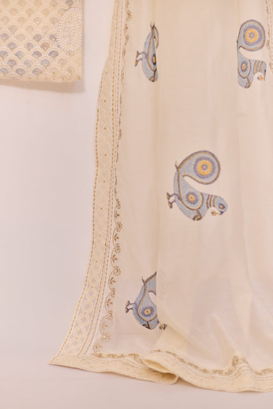 All Over Block Print Lucknowi Embroidery Unstitched Suit Set
