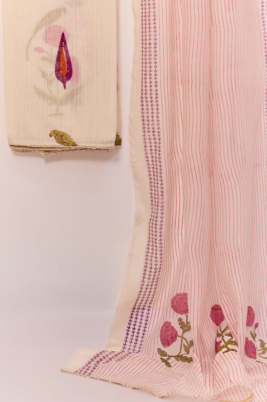 All Over Block Print Mul Chanderi Unstitched Suit Set