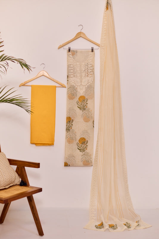 Block Print Thread and Zari Embroidered Unstitched Suit Set