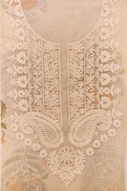 Block Print Thread and Zari Embroidered Unstitched Suit Set