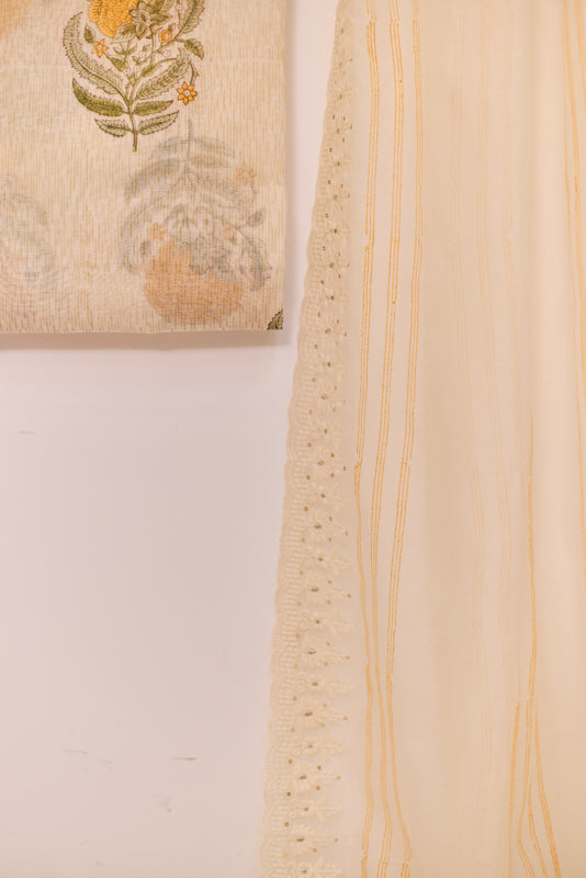 Block Print Thread and Zari Embroidered Unstitched Suit Set