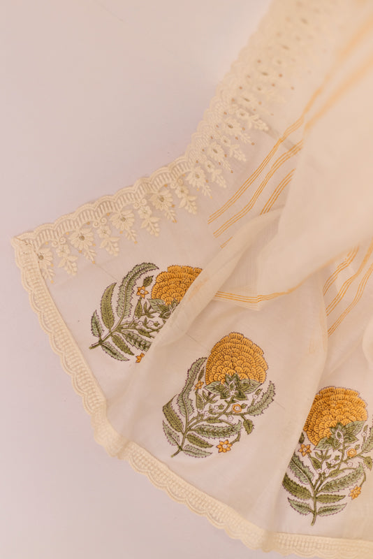 Block Print Thread and Zari Embroidered Unstitched Suit Set
