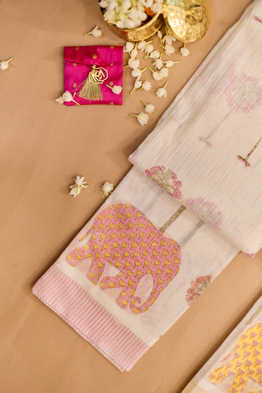 All Over Block Print Mul Chanderi Unstitched Suit Set