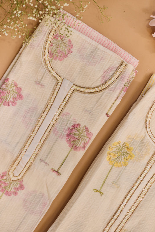 All Over Block Print Mul Chanderi Unstitched Suit Set