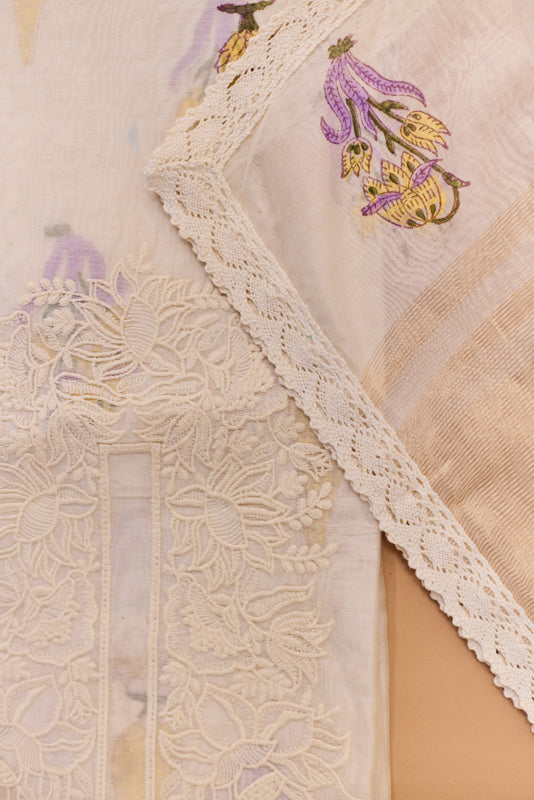 Block Print Resham Thread Embroidered Yoke Unstitched Suit Set