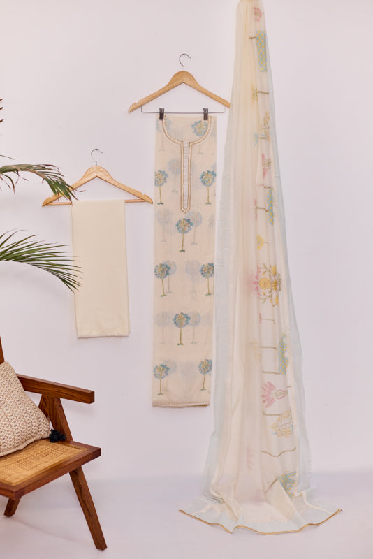 All Over Block Print Mul Chanderi Unstitched Suit Set