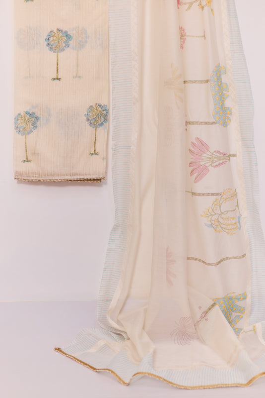 All Over Block Print Mul Chanderi Unstitched Suit Set