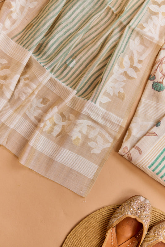 Stripes Block Print Yoke Unstiched Suit Set
