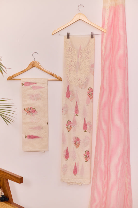 Block Print Resham Thread Embroidered Yoke Unstitched Suit Set