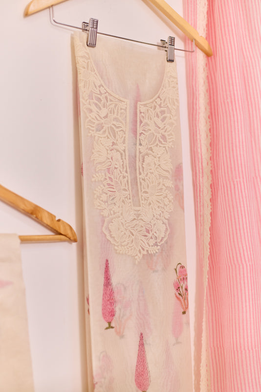 Block Print Resham Thread Embroidered Yoke Unstitched Suit Set